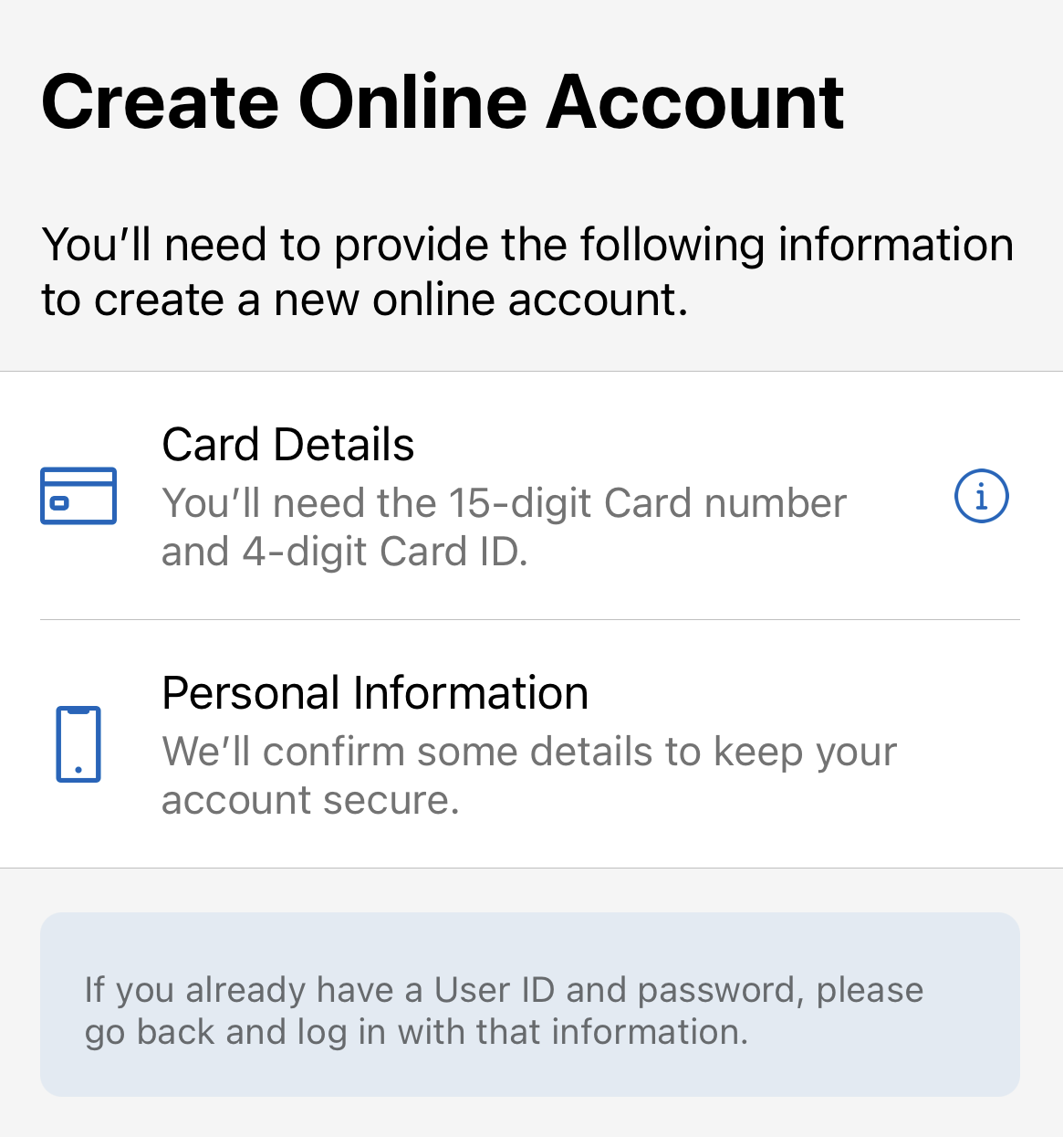 Crete-Online-Account確認画面、15桁のカード番号と4桁のカードID・個人情報の入力が必要ですと表示されます。手続きを続ける方はContinueをクリック。