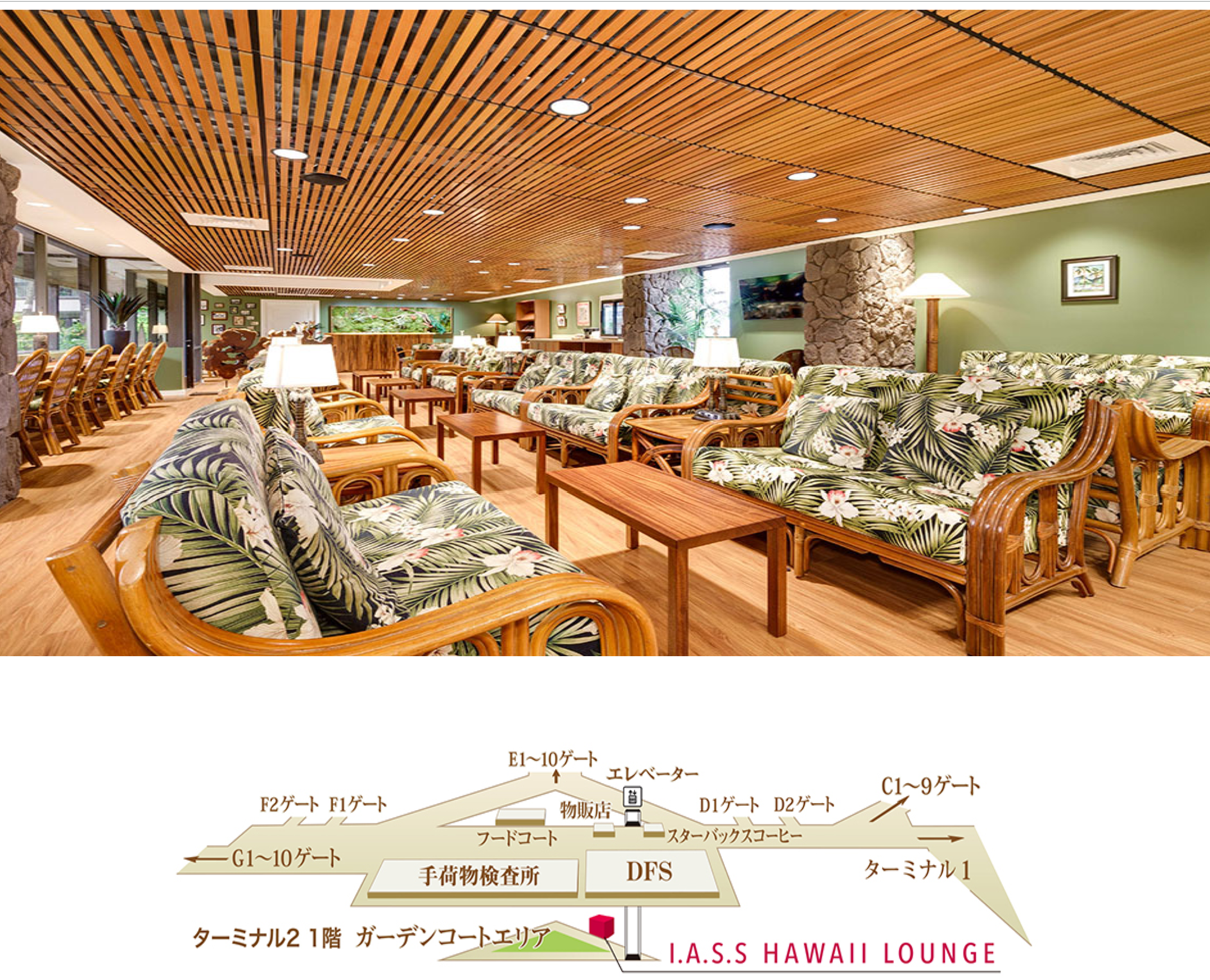 エポスカードゴールド会員が利用可能なHawii LOUNGEのヤシの木柄のソファーが並ぶ室内の様子