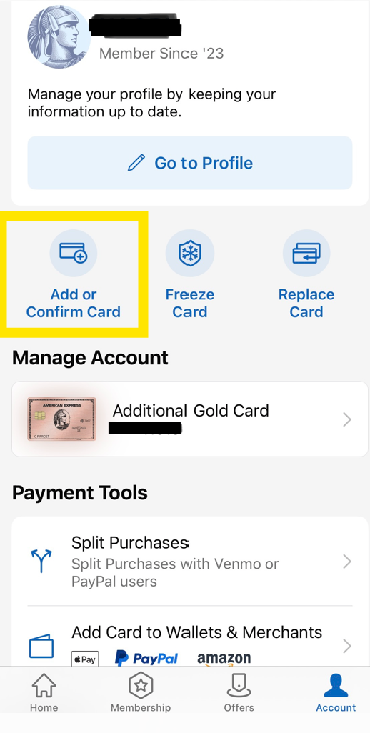 アメリカンエキスプレスのアプリにログイン後、Add-or-Confirm-Cardをクリックします。