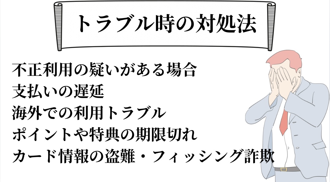 トラブル時の対処法①不正利用の疑いがある場合②支払の遅延③海外での利用トラブル④ポイントや特典の期限切れ⑤カード情報の盗難・フィッシング詐欺