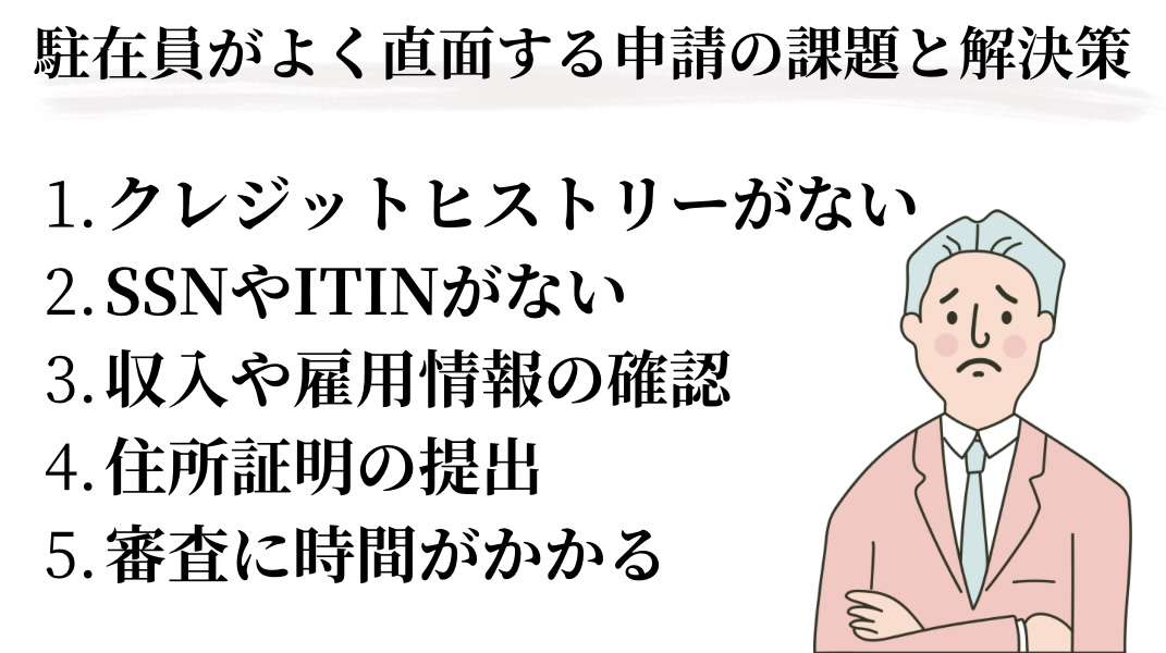 駐在員がよく直面する申請の課題と解決策①クレジットヒストリーがない②SSNやITTNがない③収入や雇用情報の確認ができない④住所証明書類がない⑤審査に時間がかかる